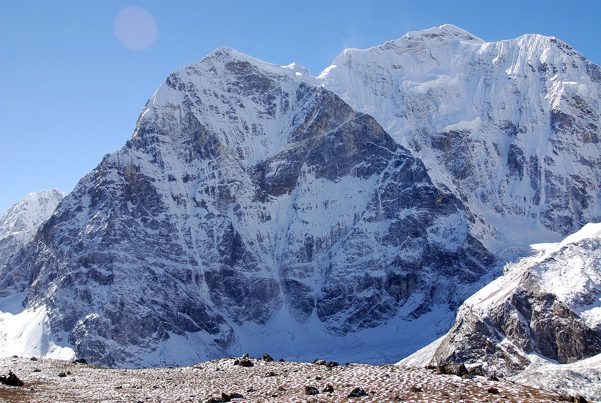 14 Gyalzen Peak, Eiger Peak, Leonpo Gang On Trek To Shishapangma Southwest Advanced Base Camp Gyalzen Peak, Eiger Peak and Leonpo Gang close up to the south as the trek nears Shishapangma Southwest Advanced Base Camp.